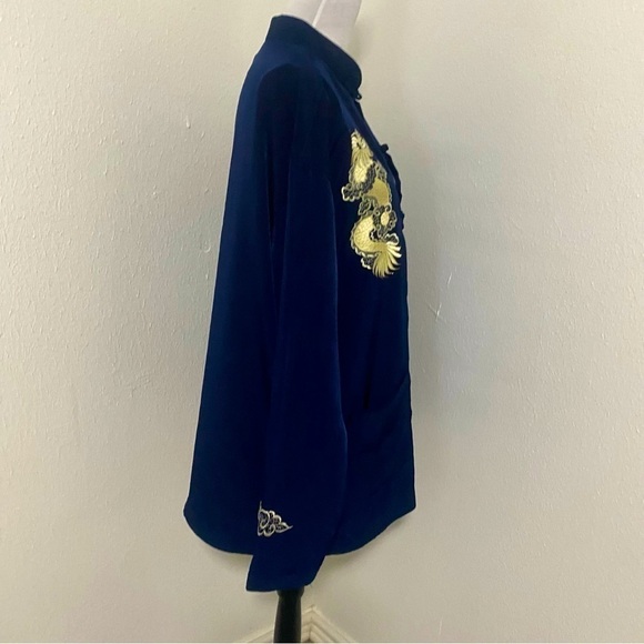 Vintage 100% Silk Mandarin Collar Dragon Embroidered Navy Jacket XXL NWT Unisex - Picture 5 of 9
